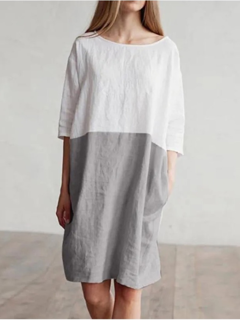 Magic Linen Adria Colorblock Relaxed Tunic Dress White Gray Women's Medium